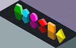 Rainbow colored three-dimensional shapes on a gray background. 